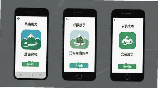 终南山app安装步骤示意图,手机屏幕展示下载完成、权限授予、安装成功三个画面,简洁扁平化风格
