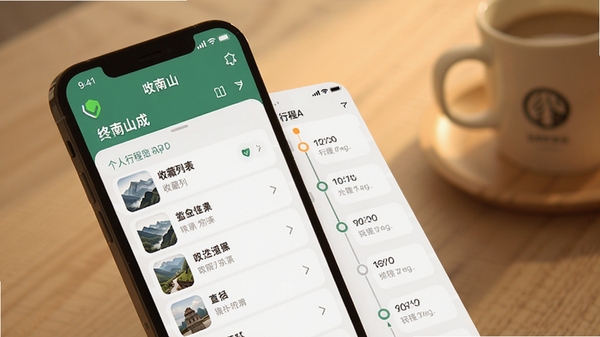 终南山app个人行程管理界面,手机屏幕展示收藏列表与行程时间轴,背景为柔和暖色调,用户体验友好