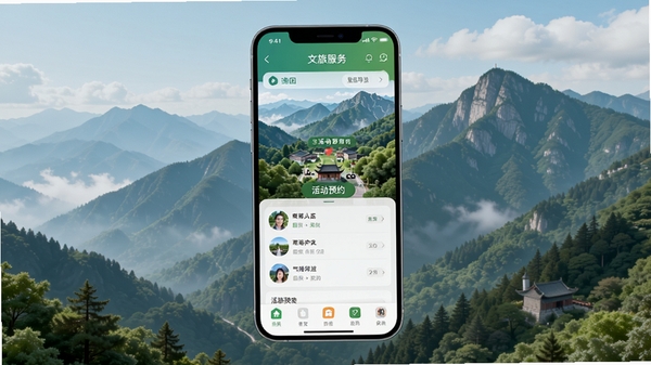 终南山文旅服务app界面展示,手机屏幕中呈现景区导览地图与活动预约列表,背景为终南山秀丽山景,清新自然风格,高清渲染