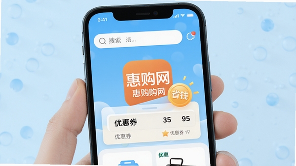 �ݹ���App����չʾ���ֻ���Ļ�г�����Ʒ���������Ż�ȯ����������Ϊ����ǳ��ɫ������������ͻ���ݹ���Logo��ʡǮͼ�꣬������������