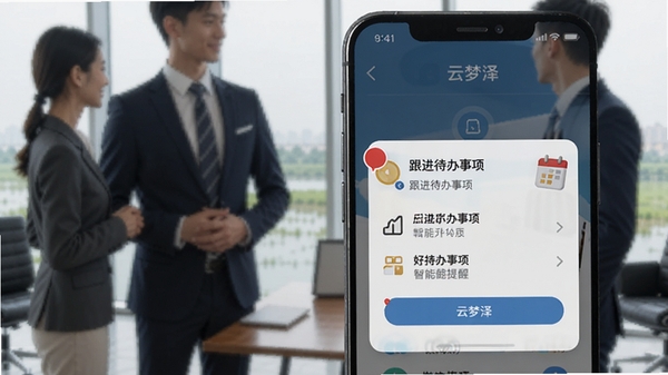 云梦泽好客智能提醒功能界面,手机弹出跟进待办事项,带有红色标记和日程图标,商务场景