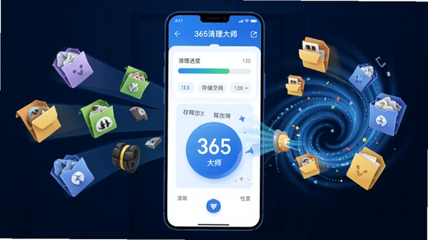 365清理大师手机界面展示,蓝色科技风格,手机屏幕显示清理进度条和存储空间释放动画,周围环绕垃圾文件图标被吸入清理漩涡,简洁清爽的UI设计