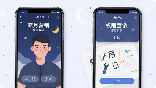 皓月营销 新手教程 手机设置 权限开启 操作步骤 截图风格 扁平化