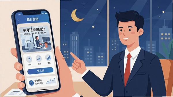 皓月营销 销售跟进 提醒通知 手机界面 商务人士 使用场景 扁平插画