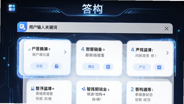 答构app中智能问答生成界面,用户输入关键词后自动展开多个问答卡片,界面简洁明亮,带有科技感光效,软件名称答构显示在顶部