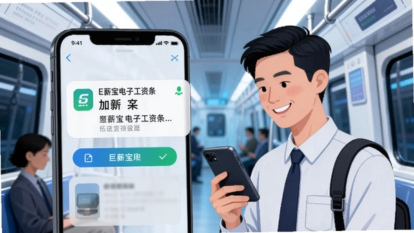 E薪宝电子工资条推送功能展示,手机弹出加密工资条通知,员工微笑查看,场景为通勤地铁上,科技感插画风格