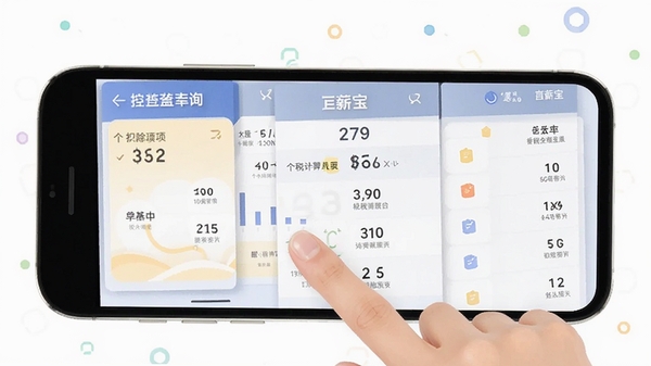 E薪宝个税查询页面,手机屏幕显示个税计算器与扣除项列表,手指点击屏幕,扁平化设计风格