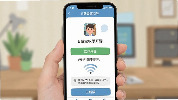 E薪宝新手设置引导截图,手机屏幕显示权限开启步骤与Wi-Fi同步提示,界面友好,扁平插画风格