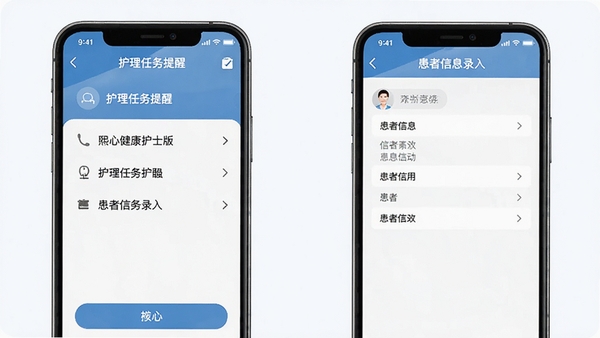 熙心健康护士版应用在手机上的操作截图,展示护理任务提醒界面与患者信息录入页面,画面风格专业简洁,突出移动端便捷操作特点