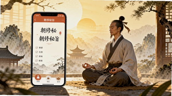 朝修秘旨软件主界面展示,一位修行者在清晨阳光下静坐冥想,手机屏幕显示朝修秘旨应用界面,整体氛围宁静祥和,中国风插画风格