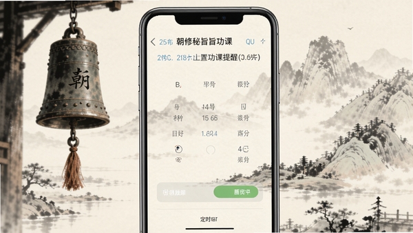 朝修秘旨功课提醒功能界面截图,手机显示定时设置页面,背景为淡雅的水墨山水画,有晨钟暮鼓的意境