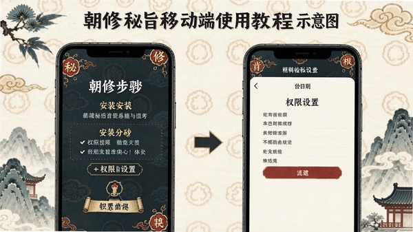 朝修秘旨移动端使用教程示意图,手机屏幕展示安装步骤和权限设置界面,中国风配色,清晰直观