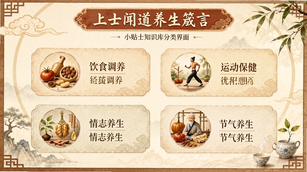 ��ʿ�ŵ���������С��ʿ֪ʶ�������棬չʾ��ʳ�������˶���������־���������������ȷ���ͼ�꣬��Ʒ��Ϊ�й���ͳҽѧ���⣬ɫ����ů���