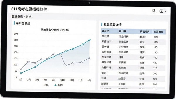 211高考志愿填报软件中的数据查询界面,展示历年录取分数线折线图和专业录取详情表格,界面清爽,数据可视化清晰