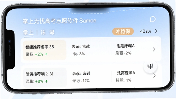 掌上无忧高考志愿软件主界面截图,展示智能推荐院校列表与冲稳保标签,手机屏幕中呈现清晰的院校名称、录取概率百分比,背景为淡蓝色渐变,整体风格专业简洁