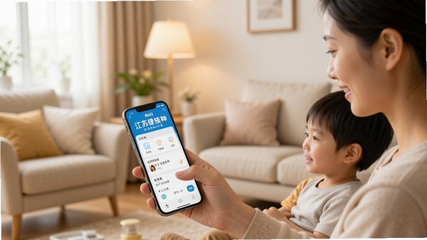 江苏预防接种APP使用场景图,家长在手机上查看孩子接种记录,背景温馨家庭环境,体现便捷健康管理