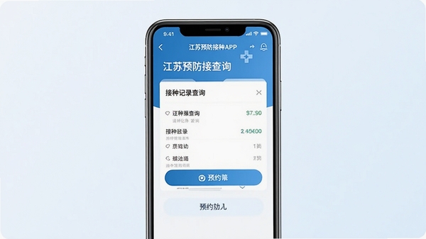 江苏预防接种APP手机界面展示,显示接种记录查询和预约功能,蓝色医疗健康风格,清新简洁