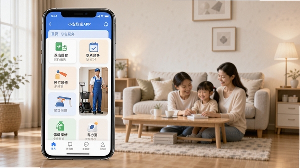 小安到家APP首页界面展示,家政服务预约平台,整洁的家居环境,手机屏幕显示保洁维修保姆等多种服务选项,专业服务人员上门场景,温馨家庭氛围,高清UI展示图