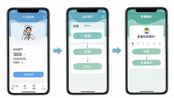 中医执业医师鸣题库手机端刷题操作流程图,展示从打开软件到选择章节、答题、查看解析的完整步骤,界面清晰简洁