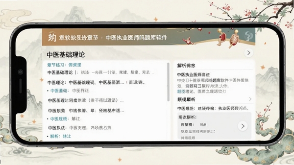 中医执业医师鸣题库软件界面截图,手机屏幕显示中医基础理论章节练习题目与解析,背景为淡雅的中医风格图案,包含软件名称