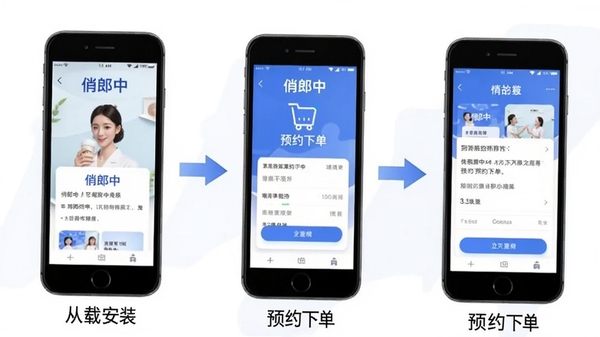 俏郎中APP新手操作流程图,展示从下载安装到预约下单的步骤,配以手机界面截图和箭头指引,风格简洁明了