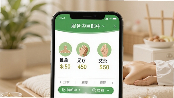 俏郎中APP服务项目选择页面,展示推拿、足疗、艾灸等图标与价格,界面采用绿色健康主题,手机屏幕特写,背景虚化