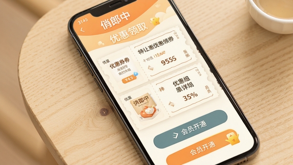 俏郎中APP优惠券领取页面,显示多张优惠券和会员开通入口,设计风格温馨,手机屏幕特写,背景为浅色木纹桌面
