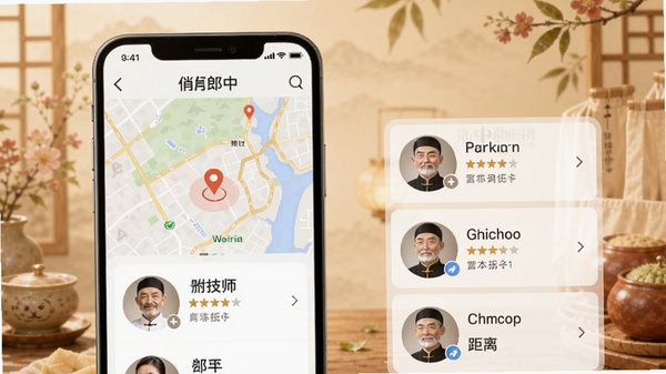 俏郎中APP附近技师推荐界面,手机屏幕显示地图定位与技师列表,技师头像旁有评分和距离标签,背景为暖色调中医养生风格,画面简洁清晰