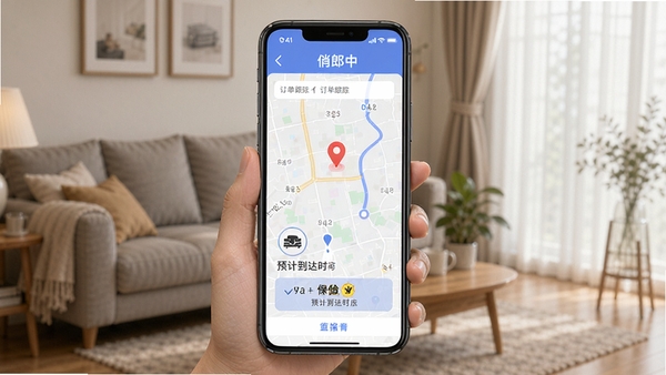 俏郎中APP订单跟踪界面,显示技师实时位置地图、预计到达时间、保险标识,手机屏幕展示,背景为居家环境