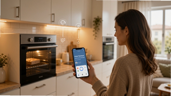 Home Connect 应用远程控制功能演示,用户手持手机在客厅远程启动厨房烤箱,画面温馨现代,突出智能家居互联场景
