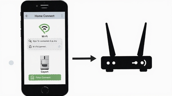 Home Connect 应用连接故障排查示意图,手机屏幕显示Wi-Fi设置和家电连接状态,旁边有路由器图标,简洁明了的教程风格插图