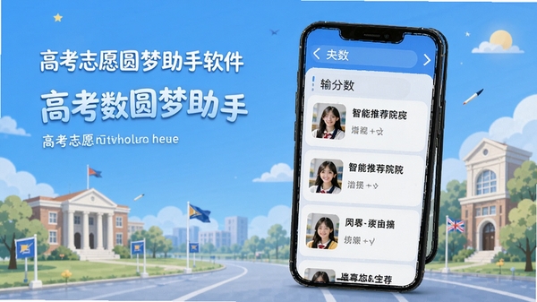 高考志愿圆梦助手软件主界面展示,手机屏幕上显示分数输入框与智能推荐院校列表,背景为清新蓝色调,带有大学校园元素,突出高考志愿填报辅助工具功能