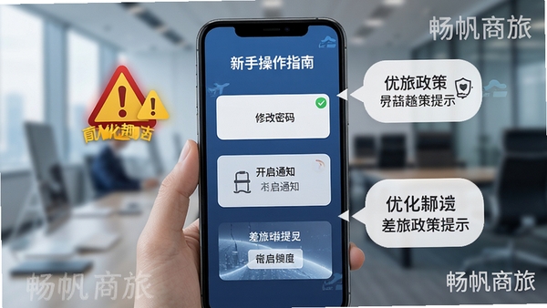 畅帆商旅新手操作指南示意图,手机屏幕显示修改密码、开启通知、差旅政策提示等关键步骤,旁边有警示图标和优化提示气泡,整体风格商务教育类,带有“畅帆商旅”水印