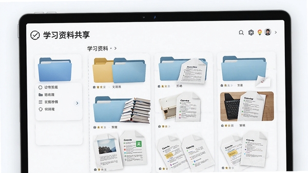 CoolCollege学习资料共享界面,展示多门课程文件夹与文档预览,界面简洁美观