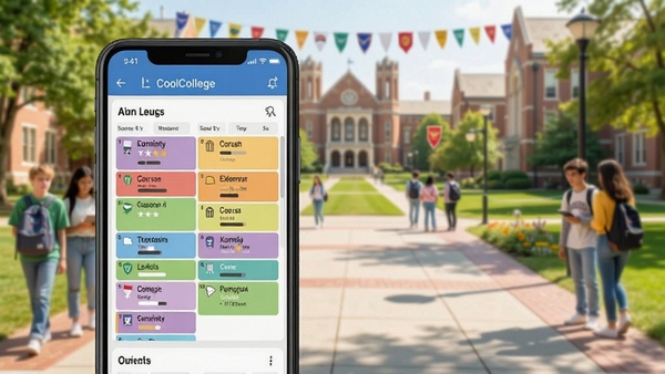 CoolCollege软件界面展示,手机屏幕上显示彩色课程表与成绩分析图表,背景为大学校园场景,风格清新明亮
