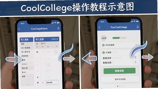 CoolCollege操作教程示意图,展示手机端导入课表与查看成绩的步骤截图,配有箭头与文字说明