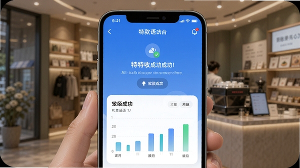 特特收语音播报与账单统计功能的AI生图,手机屏幕显示收款成功提示与统计图表,背景为商铺场景