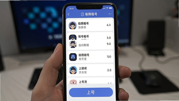 极限租号移动端操作界面截图,展示手机屏幕上账号列表和上号按钮,突出便捷操作流程