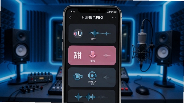 是音软件实时变声功能界面展示,手机屏幕显示多种音效模式选项,包括磁性男声、甜美女声、机器人音效,背景为录音棚风格,科技感蓝色调