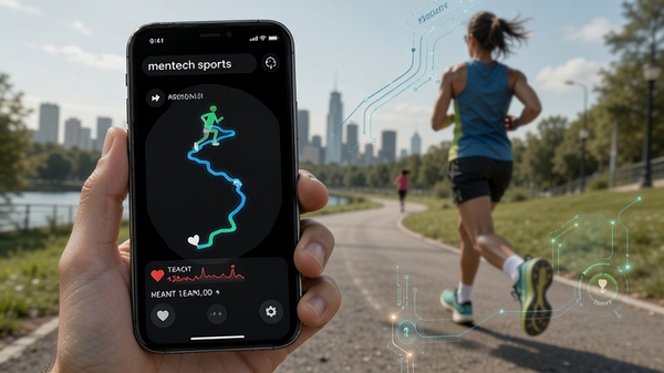 mentech sports多模式运动记录界面展示,手机屏幕显示跑步轨迹与实时心率数据,背景为户外运动场景,风格简洁科技感