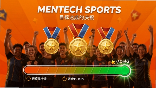 mentech sports目标达成庆祝页面,显示勋章动画与进度条满格效果,背景为活力橙色渐变