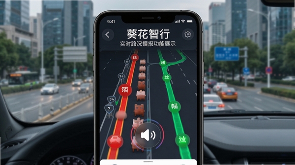 葵花智行实时路况播报功能展示,手机屏幕显示红色拥堵路段与绿色畅通路段,语音播报图标闪烁,城市道路背景
