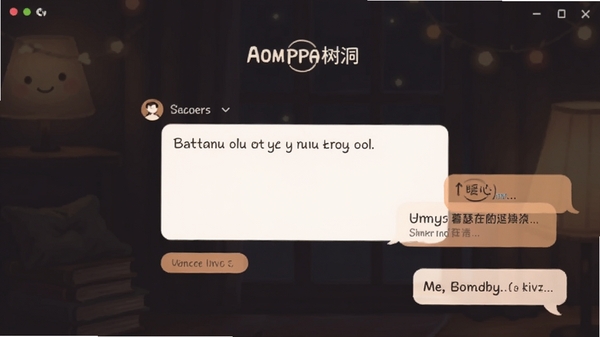 暮瑟说软件界面截图,展示匿名树洞发布页面,暗色调温馨背景,有用户在输入文字,旁边有暖心的回复气泡