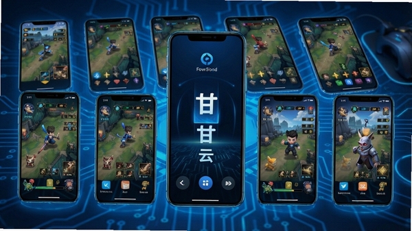 甘甘云手机多开挂机界面展示,手机屏幕排列整齐,每个窗口运行不同游戏,科技感蓝色调