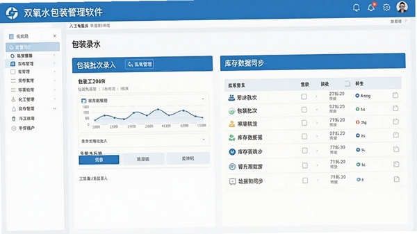 双氧水包装管理软件界面截图,展示包装批次录入与库存数据同步功能,手机屏幕显示化工管理界面,简洁蓝色调,专业风格