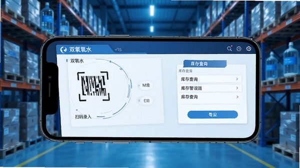 双氧水包装管理软件操作界面展示,手机屏幕显示扫码录入与库存查询页面,化工仓库背景,蓝色科技感
