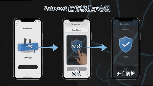 safewtl操作教程示意图,展示手机屏幕上从下载到安装再到开启防护的完整流程,画面清晰标注每一步操作位置,风格简洁直观