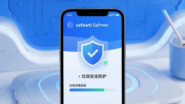 safewtl软件界面展示,手机屏幕中显示安全防护盾牌图标与垃圾清理进度条,背景为简洁的蓝白科技风格,突出安全与轻便的品牌调性