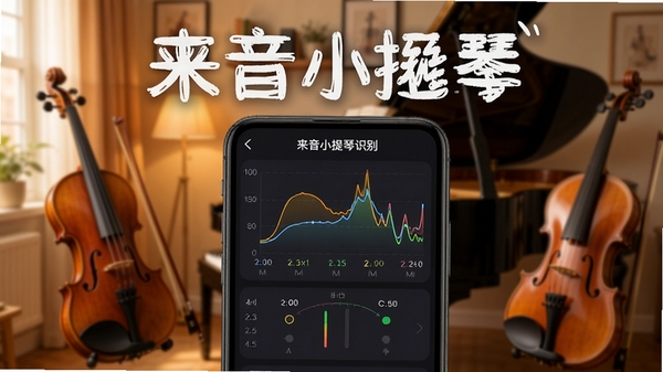 来音小提琴智能音准识别界面,手机屏幕显示音高曲线与音符对比,背景为温馨琴房,软件名称来音小提琴醒目展示