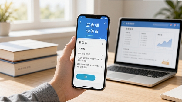 武老师快答软件主界面展示,明亮的学习场景,手机屏幕显示答题界面与解析内容,背景有书籍和笔记本电脑,科技感与教育氛围融合,高清写实风格